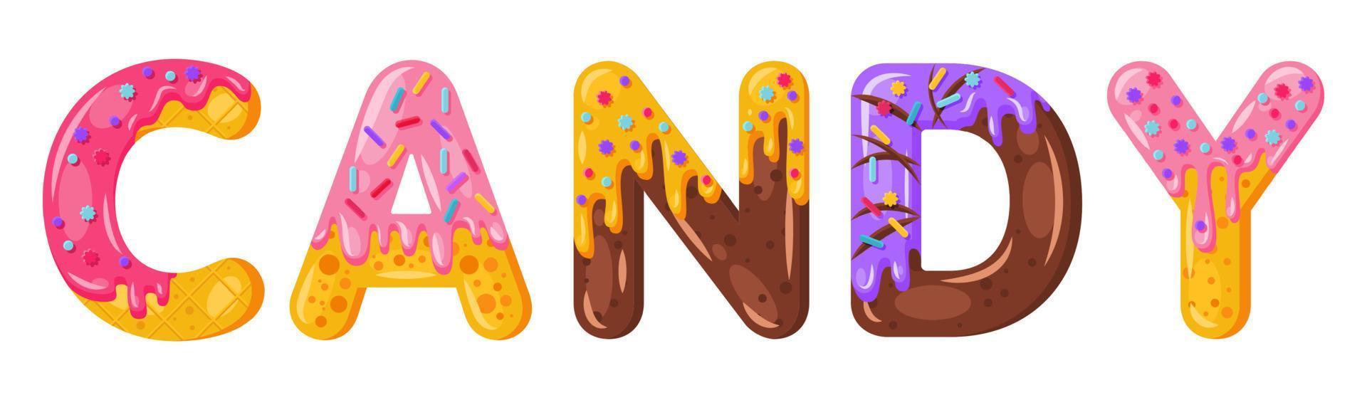 donut dibujos animados caramelo galleta negrita estilo de fuente. mayúsculas vidriadas. tentadora tipografía de diseño plano. galletas, letras de chocolate. Fondo blanco. pastelería, panadería, waffle aislado vector clipart