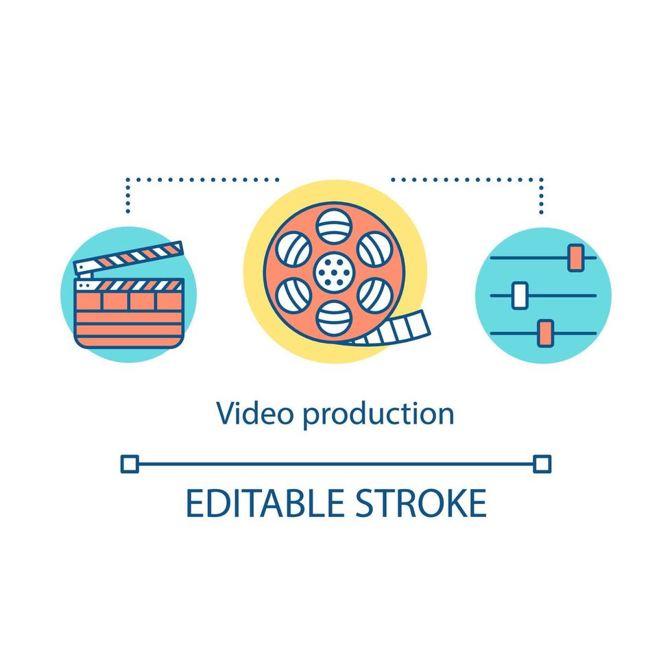 Video production concept icon. Film making idea thin line illustration. Cinematography. Movie production industry. Filmmaking process. Filming. Vector isolated outline drawing. Editable stroke