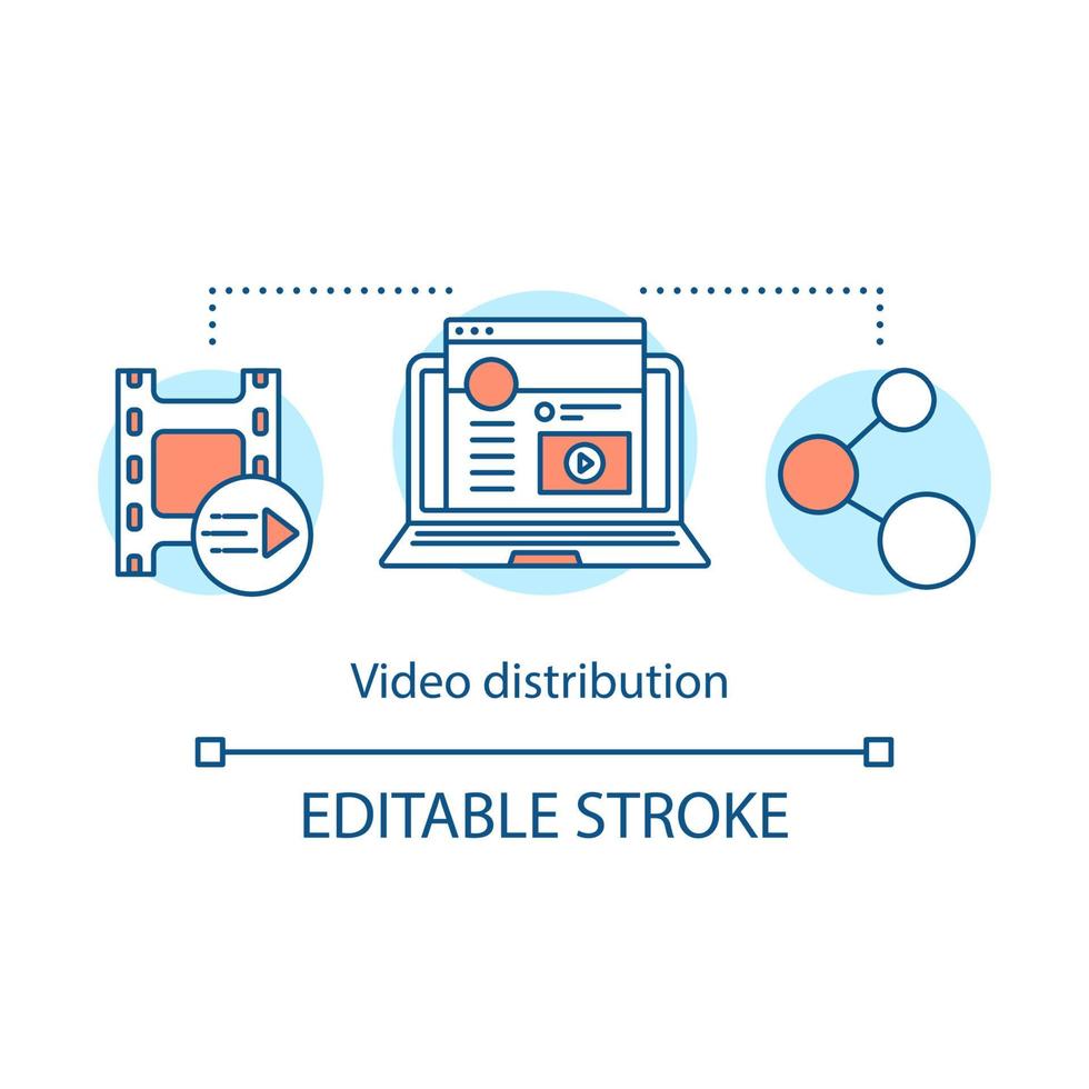 icono del concepto de distribución de vídeo. ilustración de línea delgada de idea de intercambio de contenido. plataforma de alojamiento de videos. servicio de transmisión en línea. distribución de medios. dibujo de contorno aislado vectorial. trazo editable vector