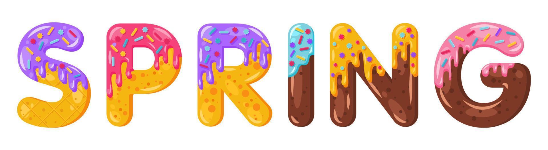 estilo de fuente en negrita de galleta de primavera de dibujos animados de donut. mayúsculas vidriadas. tentadora tipografía de diseño plano. galletas, letras de chocolate. Fondo blanco. pastelería, panadería, waffle aislado vector clipart