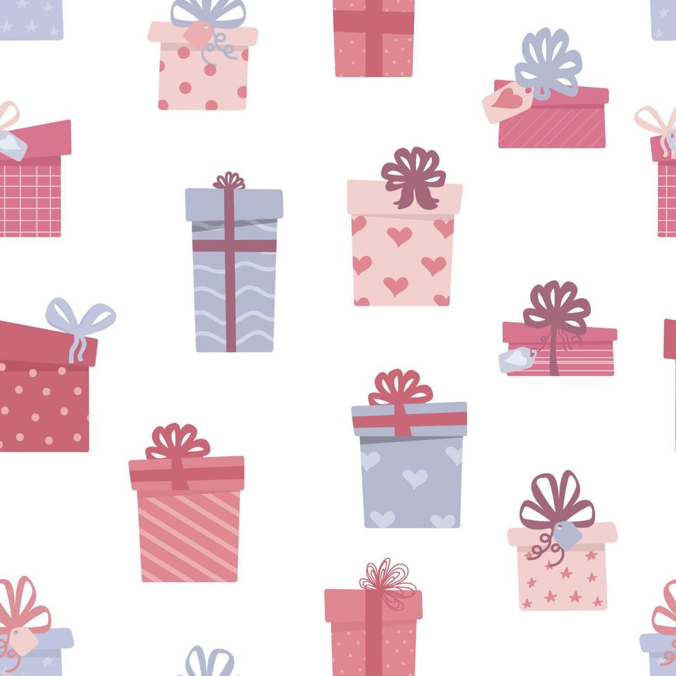 Gift boxes, presents seamless pattern. Colorful wrapped paper textile vector icon set.. Celebration background with presents.. Cartoon flat design.