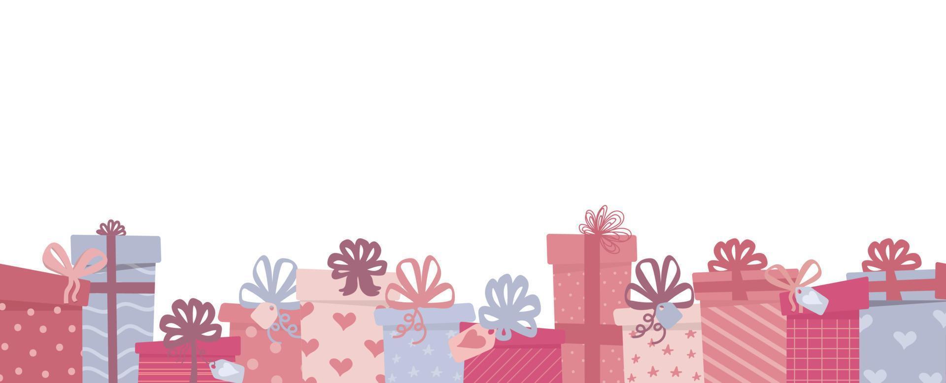 Gift box seamless border. Repeating pattern with colorful wrapped presents red white. Gift box with bows design. For birthdays, celebrations, Christmas, Valentines day, cards. vector