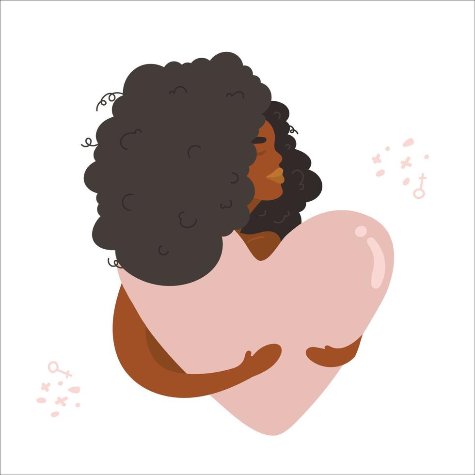 mujer joven abraza un gran corazón con amor y cuidado. mujer negra, cabello rizado tiene corazón rosa en las manos. concepto de autocuidado. feminismo, lucha por tus derechos, concepto de poder femenino. amor propio vector