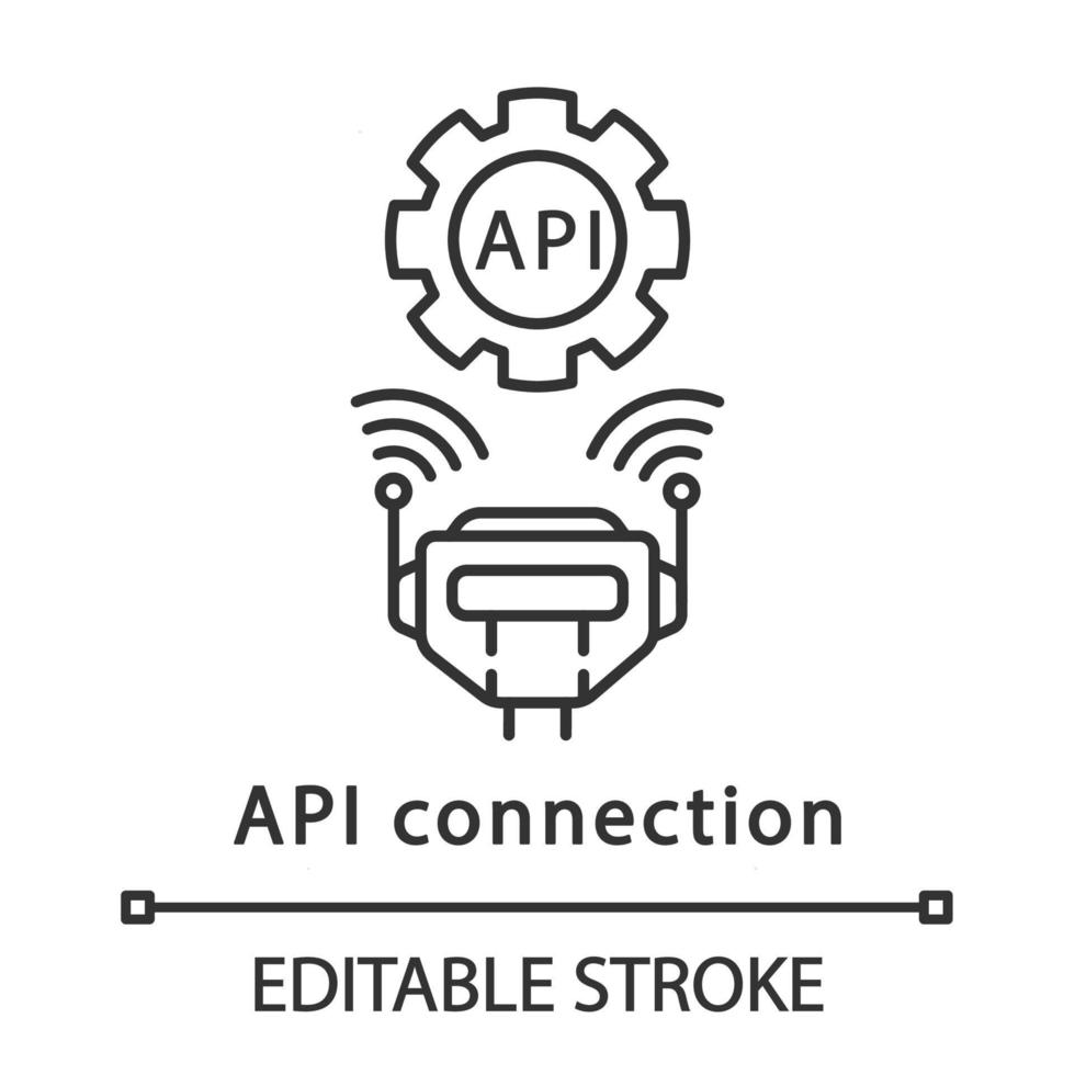 API connection linear icon. Application programming interface. Cyborg with remote control and settings. RPA. Thin line illustration. Contour symbol. Vector isolated outline drawing. Editable stroke