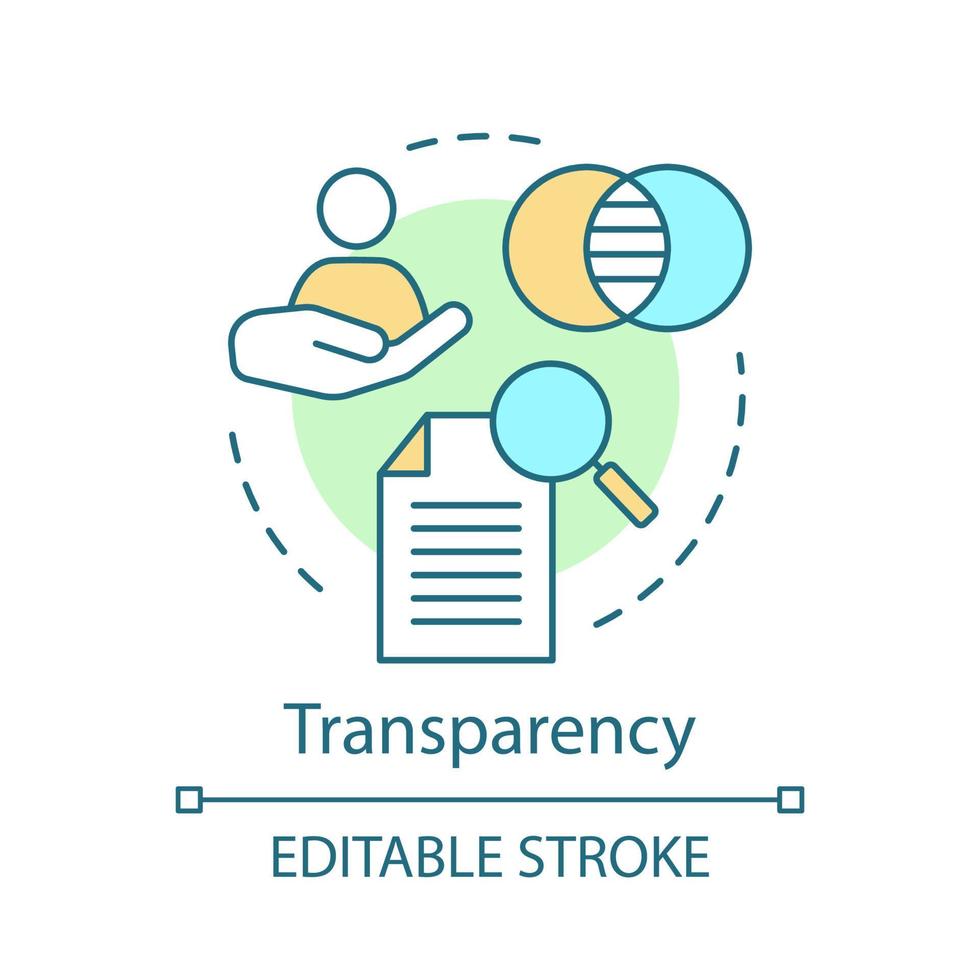 Transparency concept icon. Corporate policy idea thin line illustration. Openness, sincerity, fairness. Reliability. Business ethics. Trustworthiness. Vector isolated outline drawing. Editable stroke