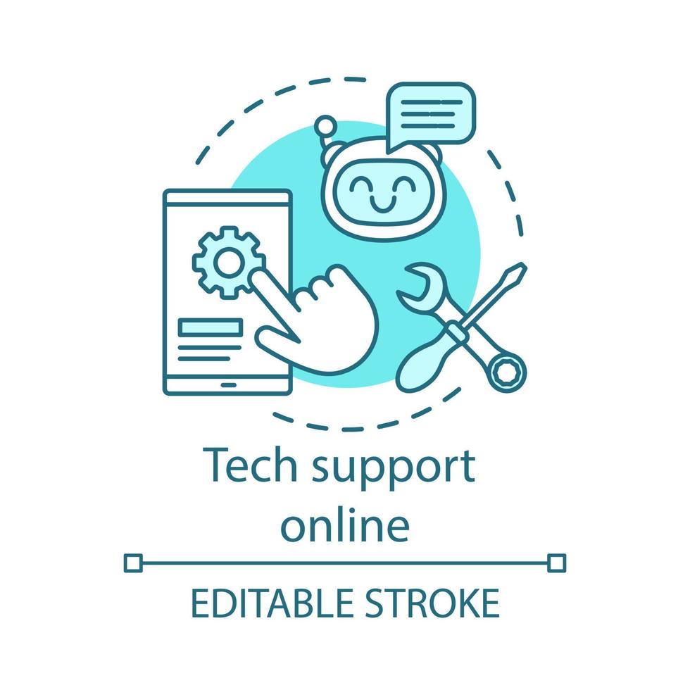 Tech support online concept icon. Virtual client care. Online help and advice. Application settings tools. Chatbot idea thin line illustration. Vector isolated outline drawing. Editable stroke