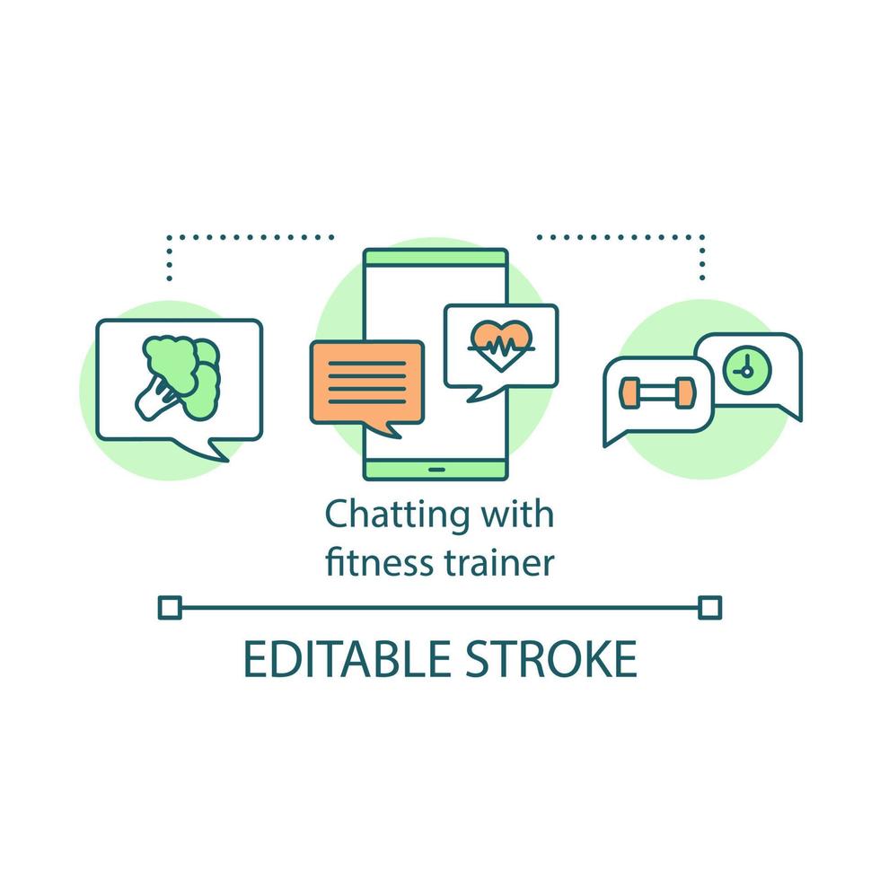 Chatting with fitness trainer concept icon. Sports and nutrition online personal program. Health mobile application idea thin line illustration. Vector isolated outline drawing. Editable stroke