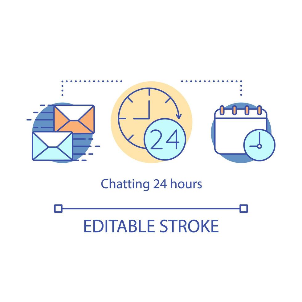 Chatting 24 hours concept icon. Email service. Support. Round-the-clock communication. Business correspondence idea thin line illustration. Vector isolated outline drawing. Editable stroke