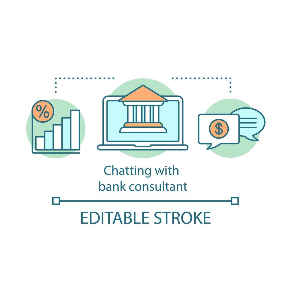 Chatting with bank consultant concept icon. Online banking. Personal bank account. Financial web service idea thin line illustration. Vector isolated outline drawing. Editable stroke