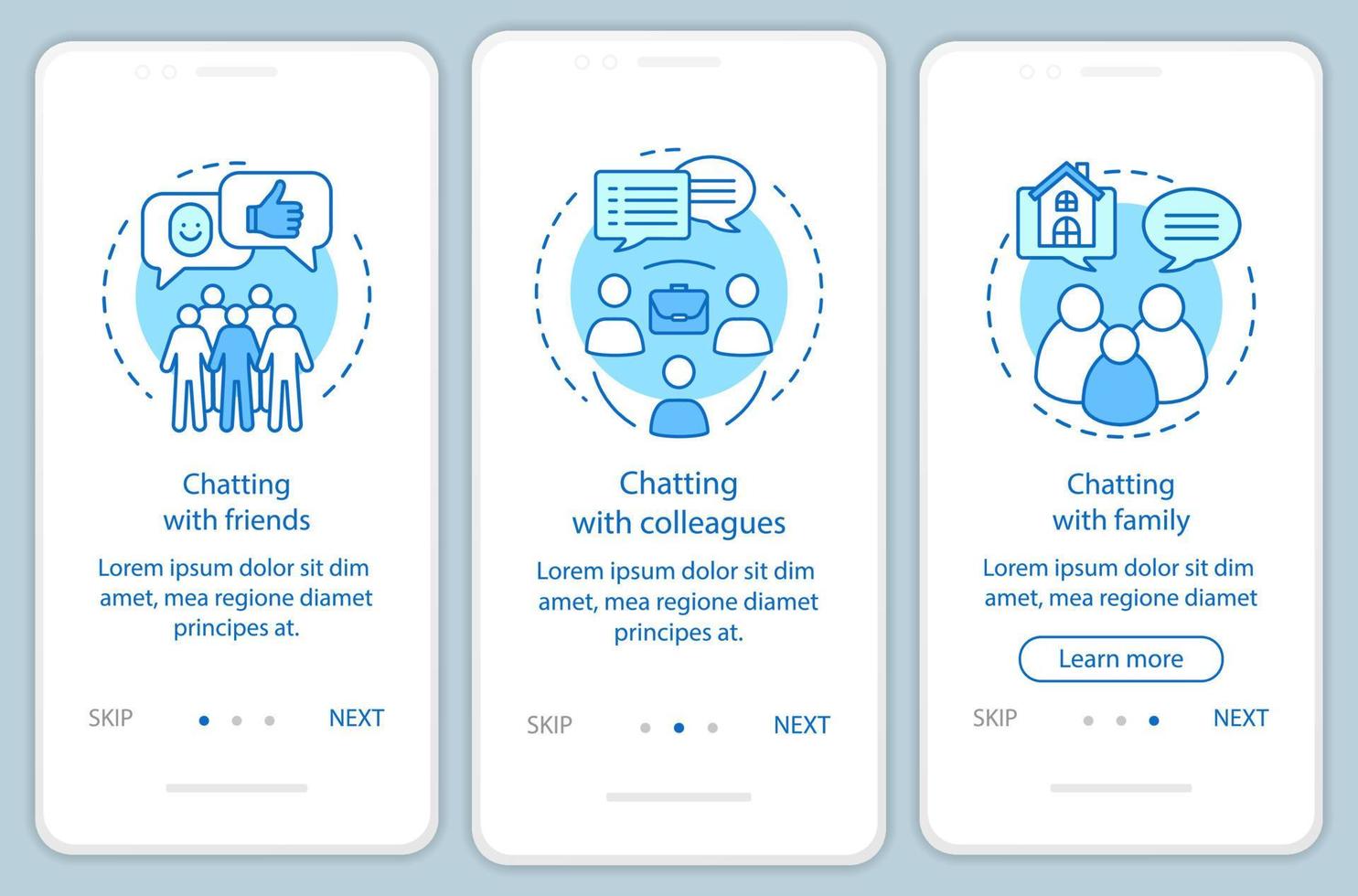 Chatting people onboarding mobile app page screen vector template. Friends, family, colleagues walkthrough website steps with linear illustrations. UX, UI, GUI smartphone interface concept