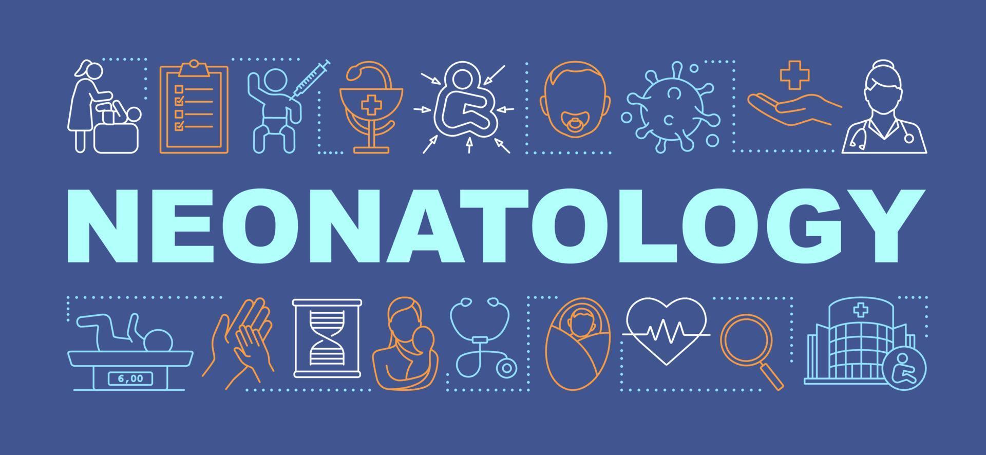 Neonatology word concepts banner. Pediatrics. Infant check up. Newborn nursery. Baby resuscitation. Presentation, website. Isolated lettering typography idea with icons. Vector outline illustration