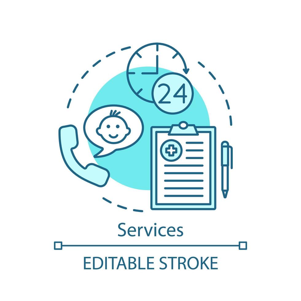 Services concept icon. Nurse and urgent care. Clinical, pediatric services. 24-hours support. Medical assistance idea thin line illustration. Vector isolated outline drawing. Editable stroke