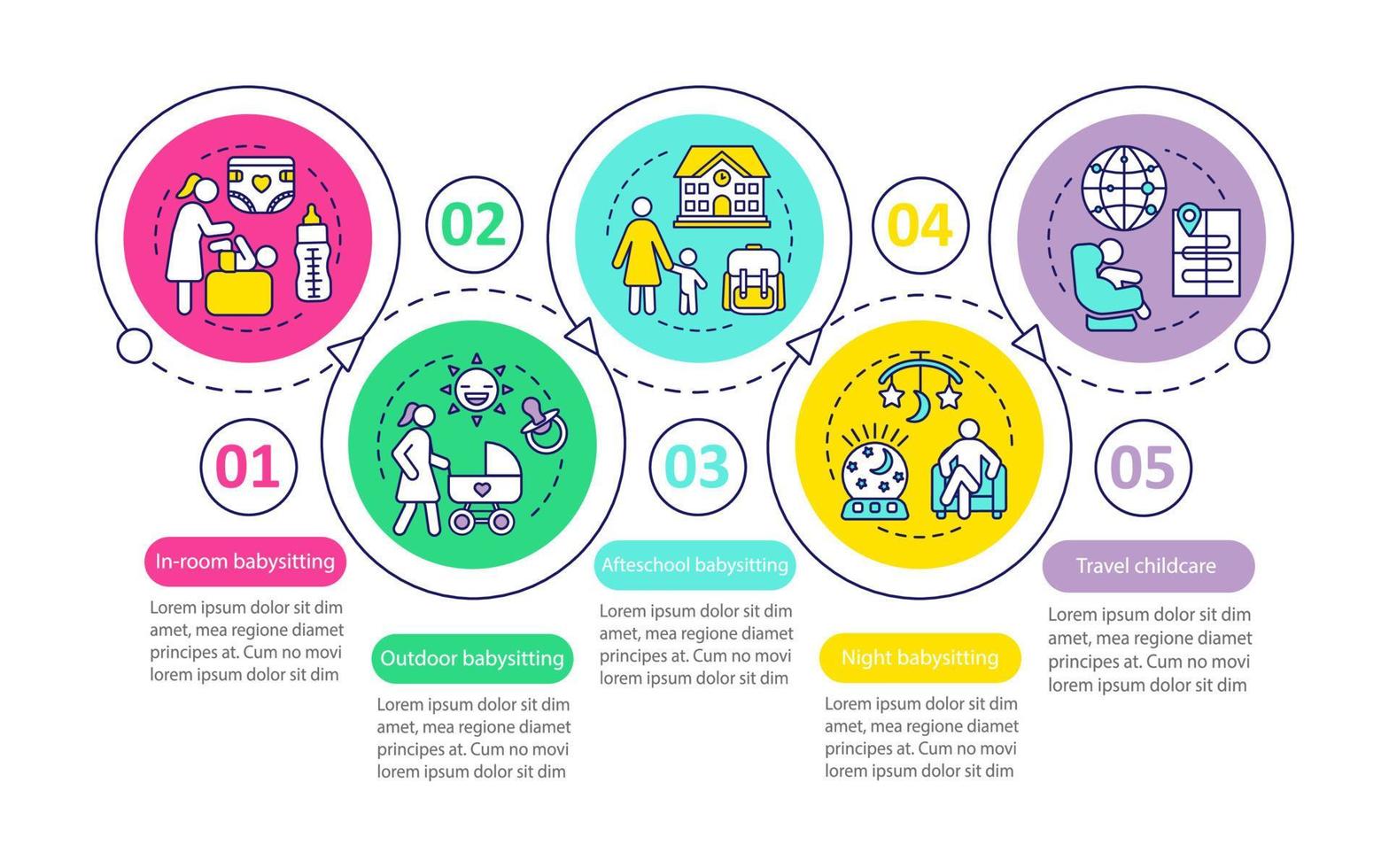 plantilla infográfica vectorial del servicio de niñera del hotel. elementos de diseño de presentación de negocios. noche, niñera de viaje. visualización de datos con pasos, opciones. gráfico de línea de tiempo del proceso. diseño de flujo de trabajo vector