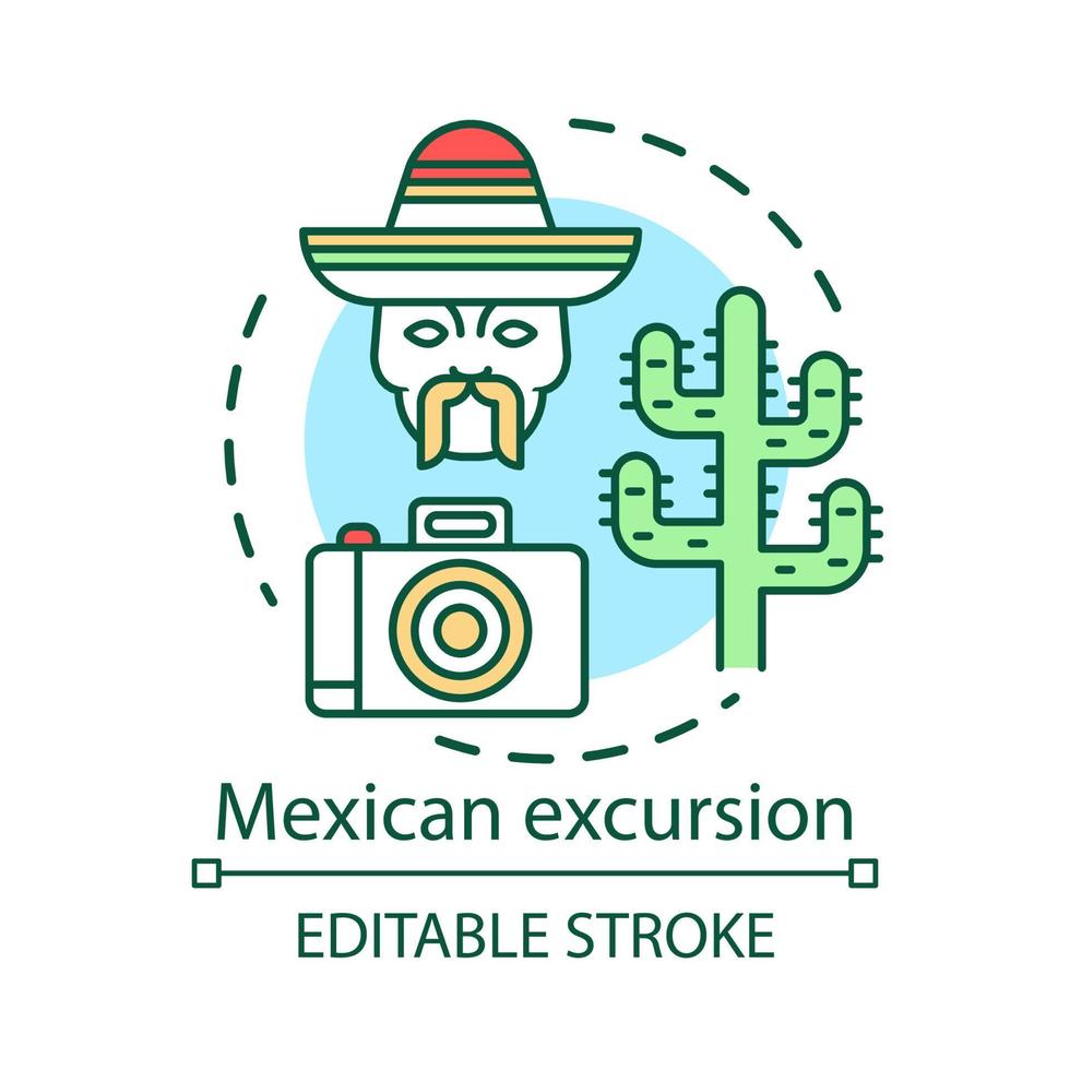 Mexican excursion concept icon. South American desert sights. Tour of Mexico. Camera, men head in sombrero, saguaro cactus idea thin line illustration. Vector isolated outline drawing. Editable stroke