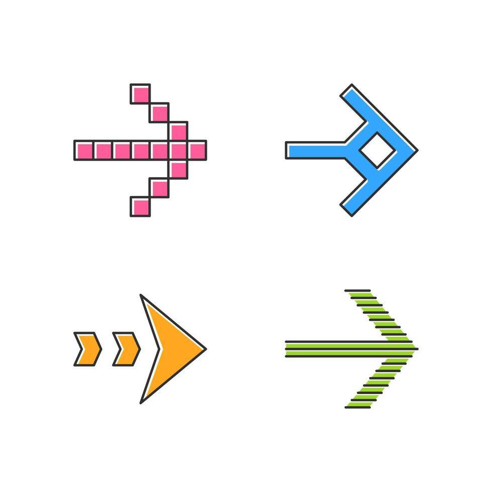 Arrow types color icons set. Pixel, shaped, dashed, striped next, forward arrow. Arrowhead showing right direction. Next. Pointer, indicator symbol. Navigation cursor. Isolated vector illustrations