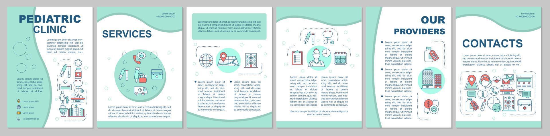 Pediatric clinic brochure template layout. Services, locations, providers. Flyer, booklet, leaflet print design with linear icons. Vector page layouts for magazines, reports, advertising posters