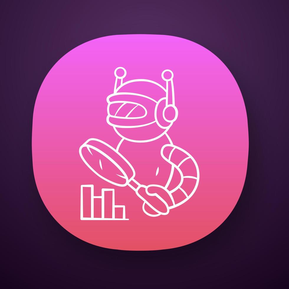 Monitoring bot app icon. Monitor websites uptime. Machine learning. Artificial intelligence. Robot with magnifying glass. UI UX user interface. Web or mobile application. Vector isolated illustration