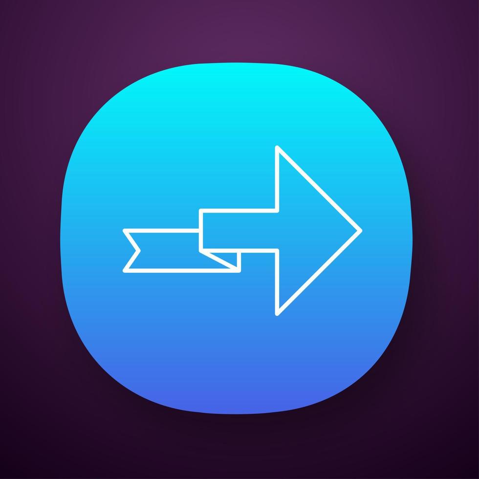 Arrow with folding line app icon. Right turning arrowhead. Next ribbon arrow. Navigation symbol. Direction indexer. UI UX user interface. Web or mobile application. Vector isolated illustration