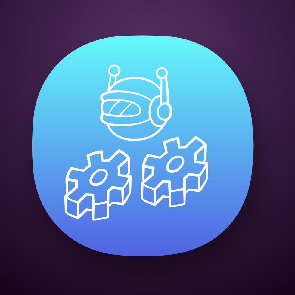 Work bot app icon. Software application. Optimizer robot with cogwheels. AI, Artificial intelligence. Machine learning. UI UX user interface. Web or mobile application. Vector isolated illustration