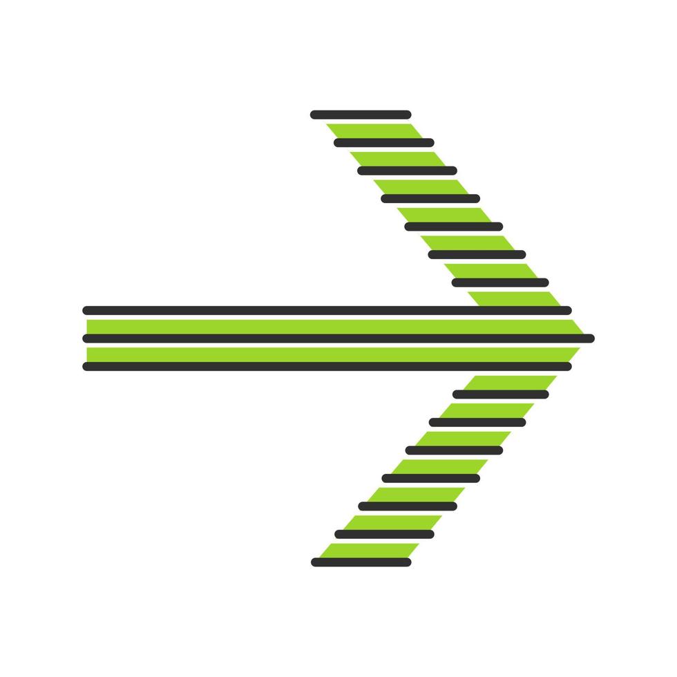 Green striped arrow color icon. Forward indicator, right turn. Pointer symbol. Motion sign. Next, forward. Navigation cursor. Arrowhead indicating rightward. Isolated vector illustration