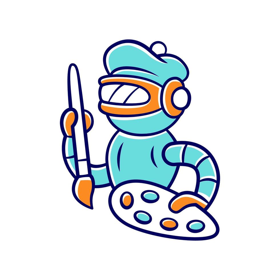 Art bot color icon. Robot, cyborg with brush and palette. Virtual assistance. Artificial intelligence, AI. Conversational agent. Cybernetics. Futuristic technology. Isolated vector illustration