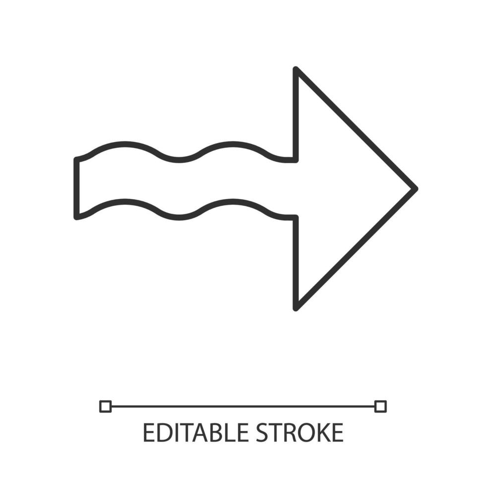 icono lineal de flecha ondulada. señal de puntero de dirección. punta de flecha indicadora. cursor señalador. marcador, indicador, siguiente. ilustración de línea delgada. símbolo de contorno dibujo de contorno aislado vectorial. trazo editable vector