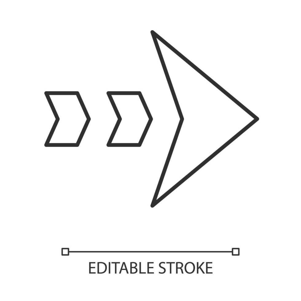 Dashed arrow linear icon. Arrowhead showing right direction. Rightward arrow. Navigation pointer, indicator. Thin line illustration. Contour symbol. Vector isolated outline drawing. Editable stroke