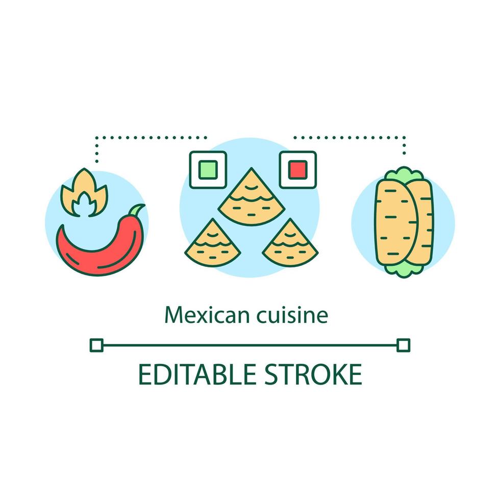 Mexican cuisine concept icon. South American traditional food. Hot pepper, nachos, burrito. Spicy tortilla fastfood idea thin line illustration. Vector isolated outline drawing. Editable stroke