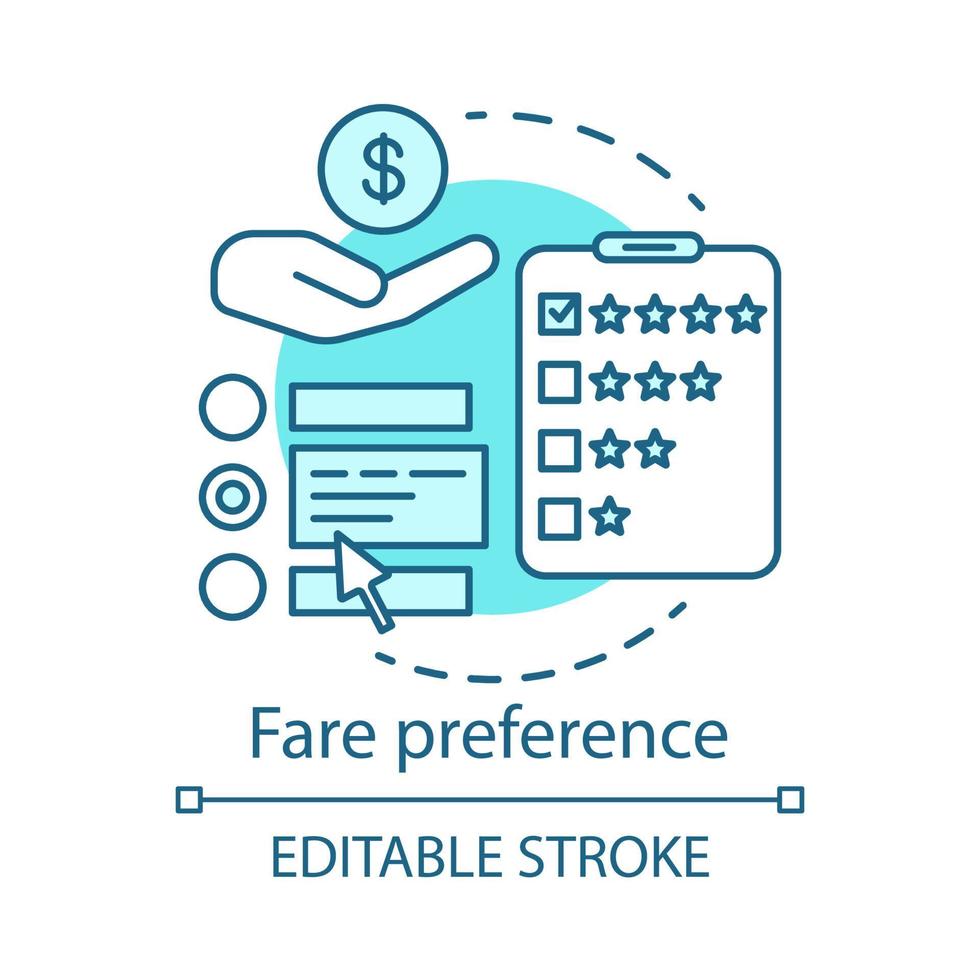Fare preference concept icon. Transportation costs idea thin line illustration. Services, airline classes price. Airplane amenities. Travel expenses. Vector isolated outline drawing. Editable stroke