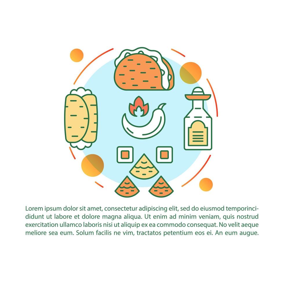 plantilla vectorial de página de artículo de cocina mexicana. platos nacionales de mexico. folleto, revista, elemento de diseño de folleto con iconos lineales y cuadros de texto. diseño de impresión. ilustraciones conceptuales con espacio de texto vector