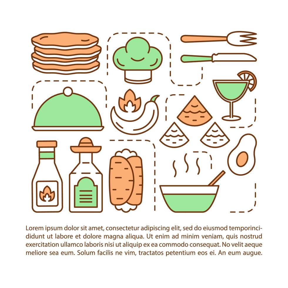 plantilla vectorial de página de artículo de cocina mexicana. servicio de catering. folleto, revista, elemento de diseño de folleto con iconos lineales y cuadros de texto. diseño de impresión. ilustraciones conceptuales con espacio de texto vector