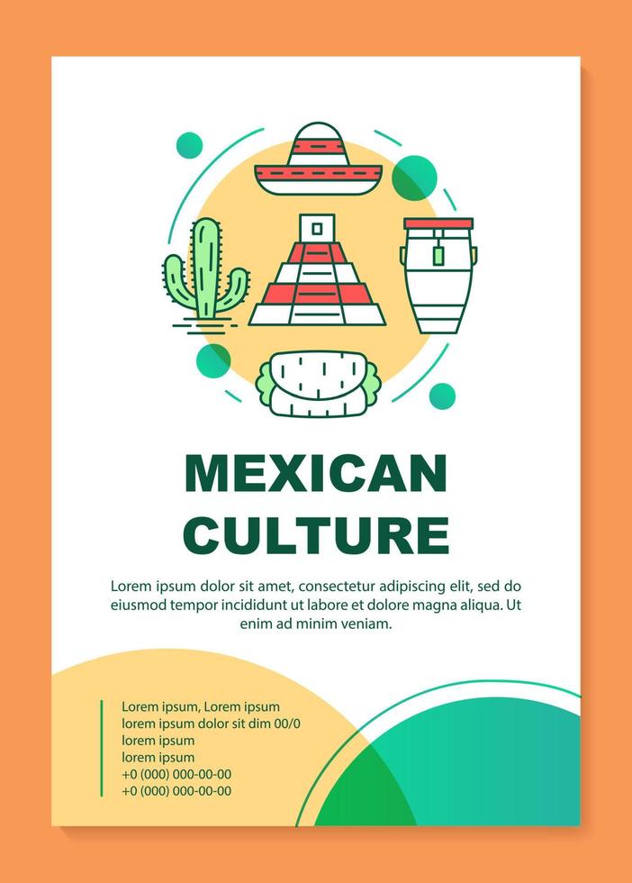 Mexican culture brochure template layout. Mexico travel. Flyer, booklet, leaflet print design with linear illustrations. Vector page layouts for magazines, annual reports, advertising posters