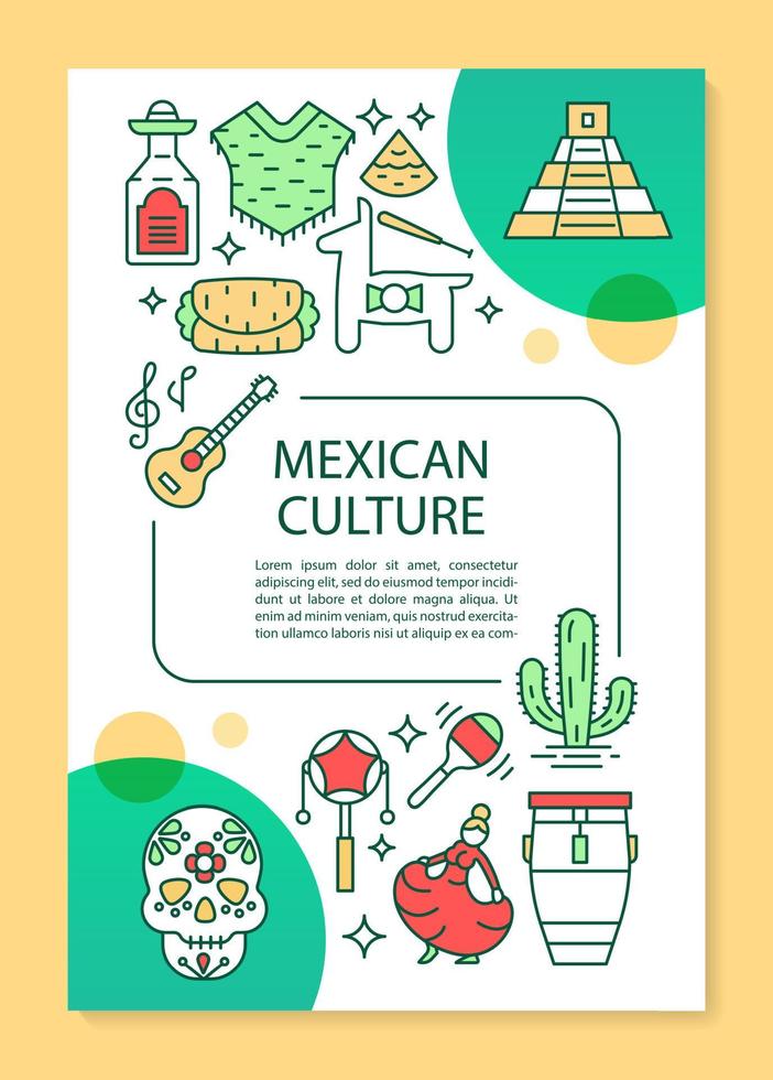 diseño de plantilla de folleto de cultura mexicana. viajar a méxico. folleto, folleto, diseño de impresión de folleto con ilustraciones lineales. diseños de páginas vectoriales para revistas, informes anuales, carteles publicitarios vector