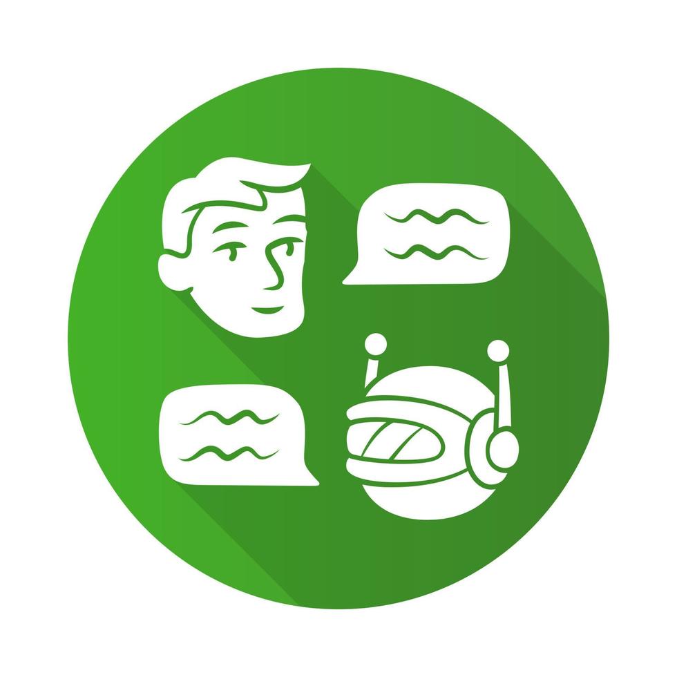 Chatbot flat design long shadow glyph icon. Online customer support robot. Help service. Man chatting with bot app. Network communication. Artificial intelligence. Vector silhouette illustration