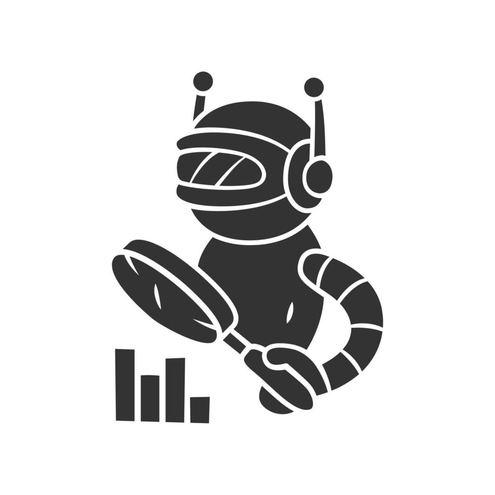 Monitoring bot glyph icon. Monitor websites uptime. Machine learning. Artificial intelligence. Internet robot with magnifying glass. Silhouette symbol. Negative space. Vector isolated illustration