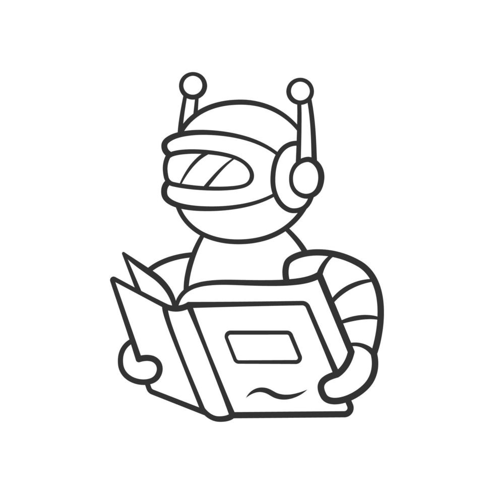 Text reading bot linear icon. Screen reader application. Virtual assistant. Robot with book. Software app. Thin line illustration. Contour symbol. Vector isolated outline drawing. Editable stroke