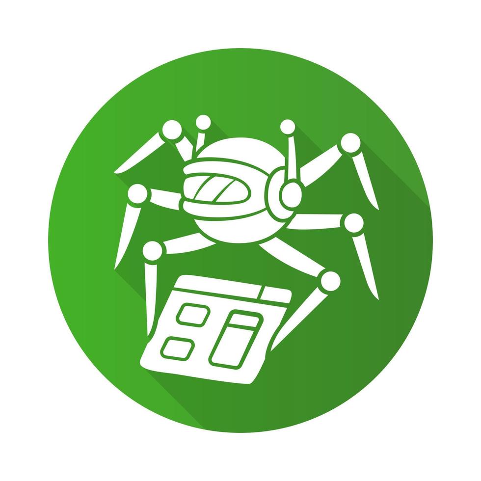 Crawler flat design long shadow glyph icon. Spiderbot. Search engine optimization. Content monitoring. Artificial intelligence. Web indexing. Robot software. Vector silhouette illustration