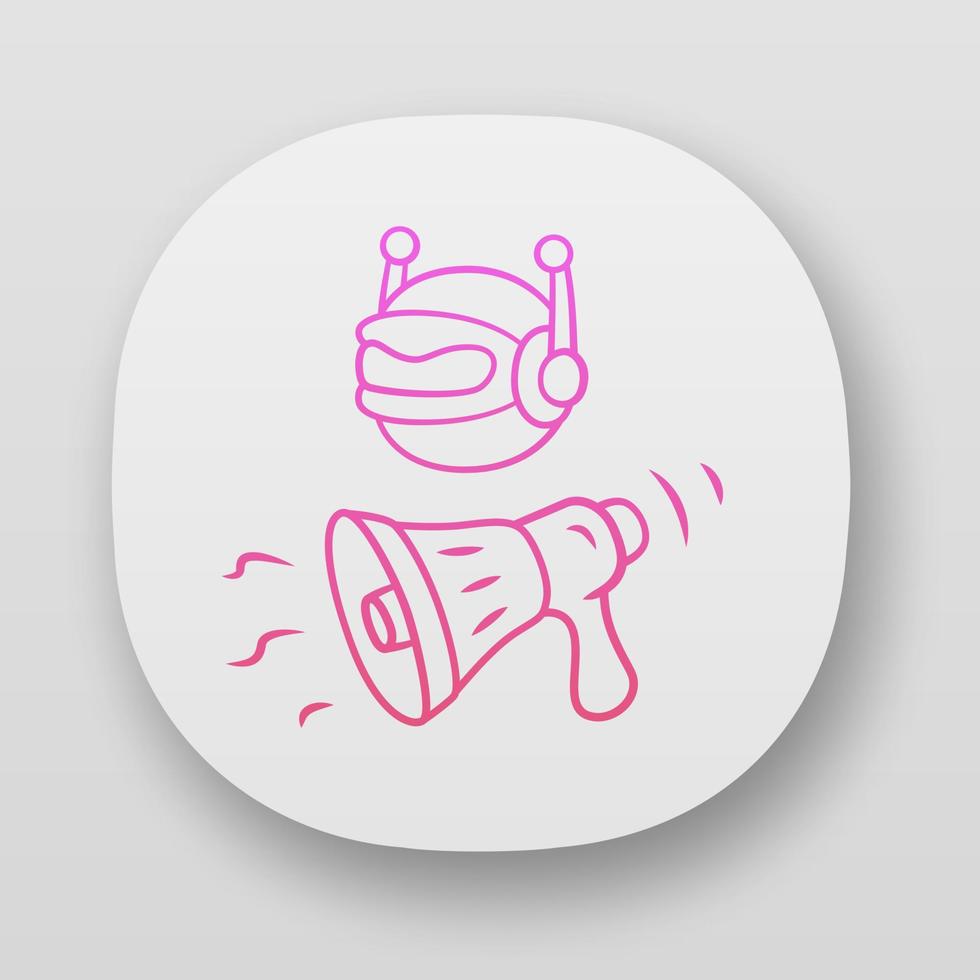 Propaganda bot app icon. Spam attack. Marketing campaign. Robot spread disinformation. Artificial intelligence. UI UX user interface. Web or mobile applications. Vector isolated illustrations