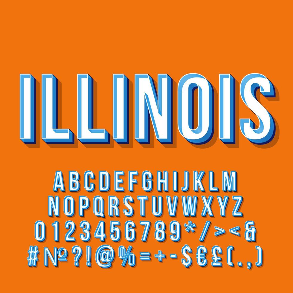 Letras vectoriales 3d vintage de Illinois. fuente en negrita retro, tipo de letra. texto estilizado de arte pop. letras de estilo de la vieja escuela, números, símbolos, paquete de elementos. Afiche de los 90, 80, pancarta. fondo color zanahoria vector