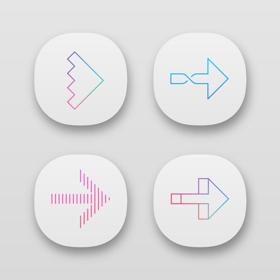 Rightward arrows app icons set. Twisted, notched, striped next, forward arrows. Navigation pointer. Motion indicator. UI UX user interface. Web or mobile applications. Vector isolated illustrations