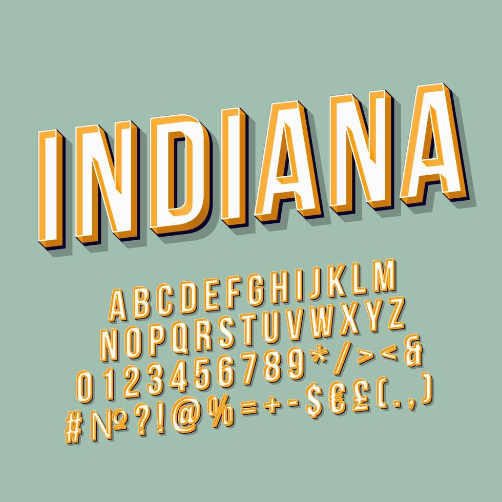 indiana vintage 3d vector letras. fuente en negrita retro, tipo de letra. texto estilizado de arte pop. letras de estilo de la vieja escuela, números, símbolos, paquete de elementos. Afiche de los 90, 80, pancarta. fondo color laurel