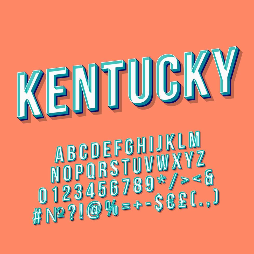 kentucky vintage 3d vector letras. fuente en negrita retro, tipo de letra. texto estilizado de arte pop. letras de estilo de la vieja escuela, números, símbolos, paquete de elementos. Afiche de los 90, 80, pancarta. fondo de color calabaza