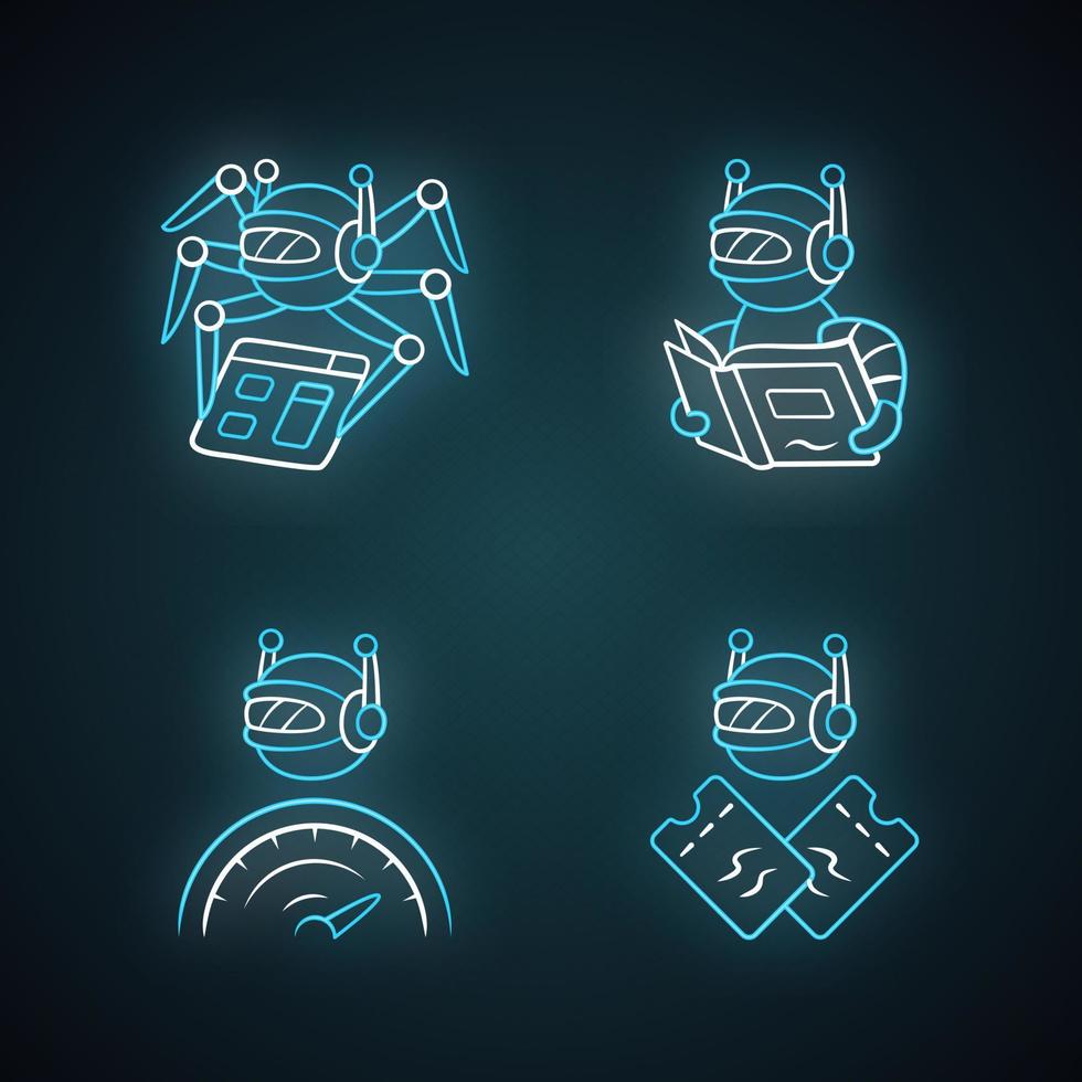 Internet bots neon light icons set. Crawler, text-reading, optimizer, scalper robot. Artificial intelligence. AI. Software app. Virtual assistant. Glowing signs. Vector isolated illustrations