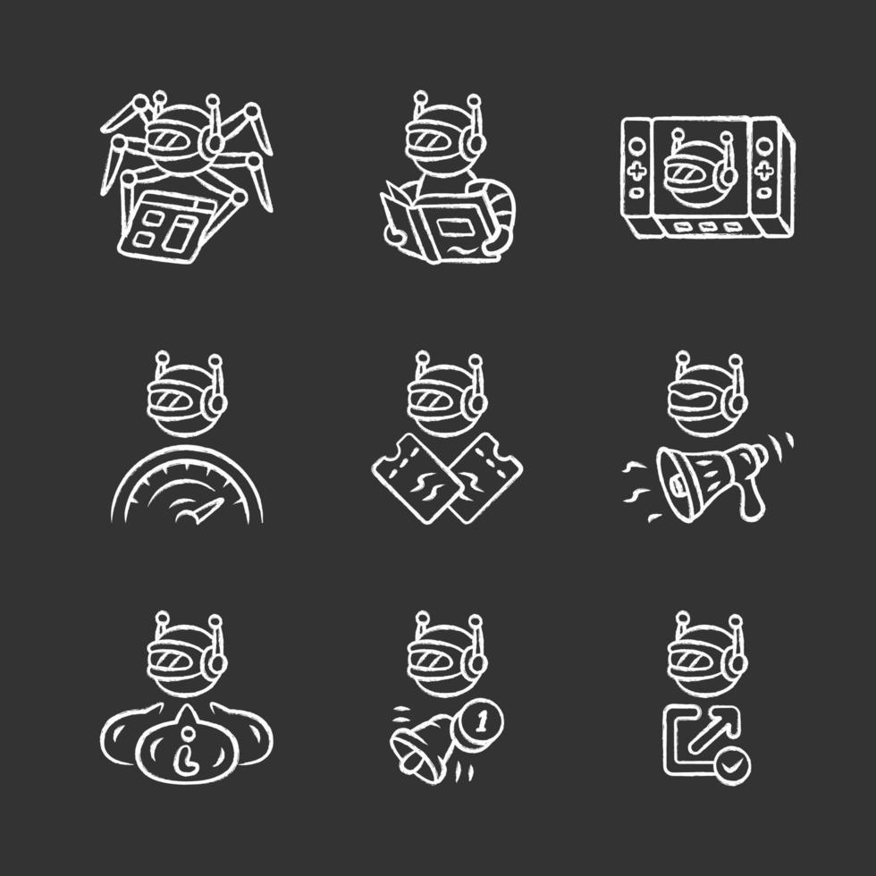 Web robots chalk icons set. Crawler, text-reading, propaganda, backlink checker bot. Proactive, optimizer robot. Artificial intelligence. Software app. Isolated vector chalkboard illustrations