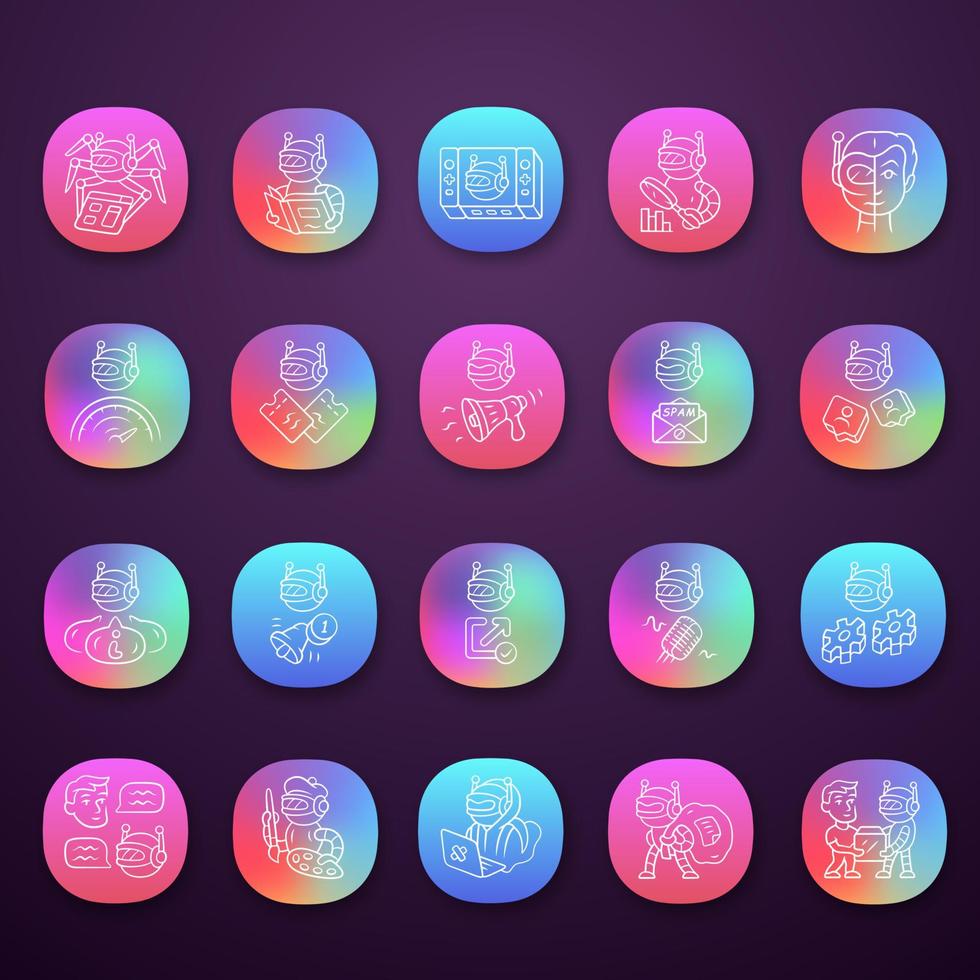 conjunto de iconos de aplicaciones de tipos de bot. rastreador, hacker, spambot, imitador, robot raspador. tecnología, inteligencia artificial, ia. interfaz de usuario ui ux. aplicaciones web o móviles. Ilustraciones de vectores aislados