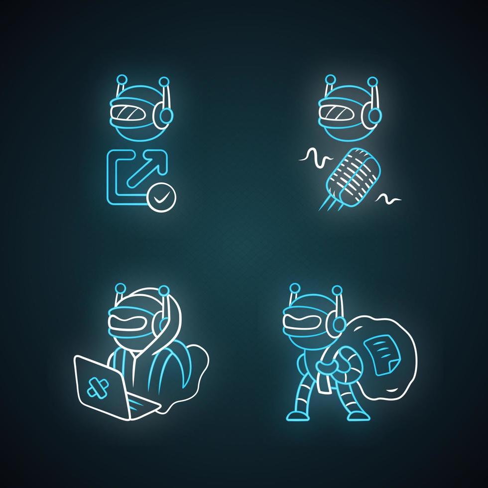 Bot types neon light icons set. Hacker, backlink checker, scraper bots. Malicious robot. Artificial intelligence, AI. Web optimization. Computer virus. Glowing signs. Vector isolated illustrations