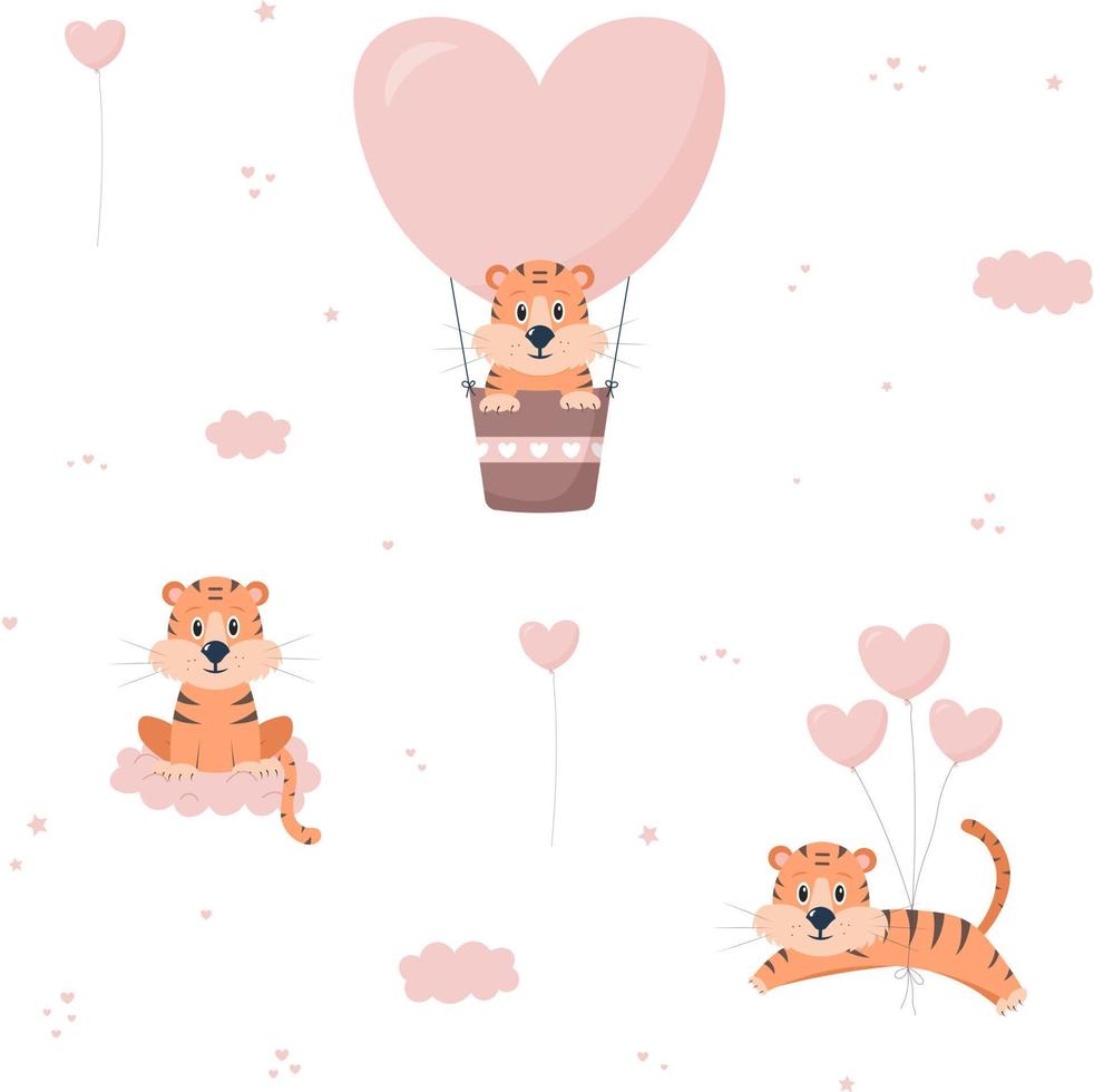 Valentine's day seamless pattern with tigers, hearts, hot air balloon, clouds and stars. Vector illustration in flat style