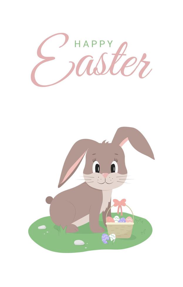 Happy Easter greeting card with cute cartoon easter bunny, eggs and text. Concept vector illustration.