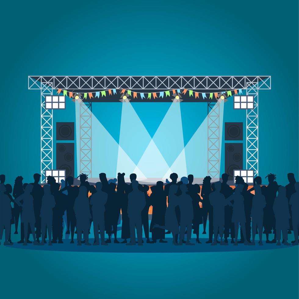 Summer music festival poster vector template. Open air concert. Brochure, cover, booklet page concept design with flat illustrations. Audience, stage. Advertising flyer, leaflet, banner layout idea