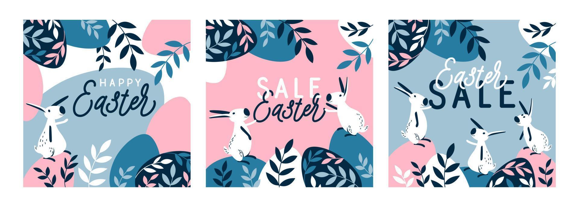 Easter set of greeting cards, banners with eggs, and bunnies vector